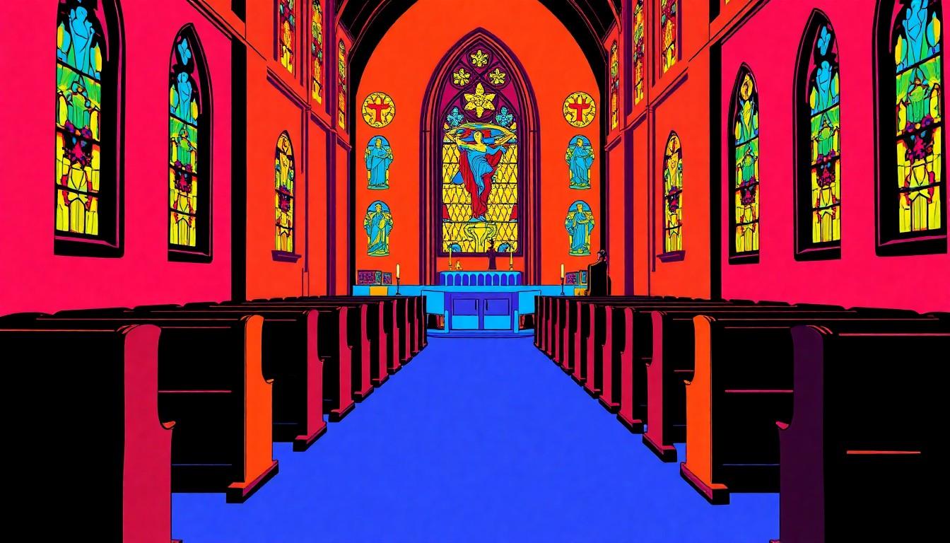 A brightly colored, high-contrast silkscreen print of a single, iconic church object repeated in a tight grid pattern, conceptually representing the Alliance of Baptists' efforts to align its progressive identity with embodied practices of equity.