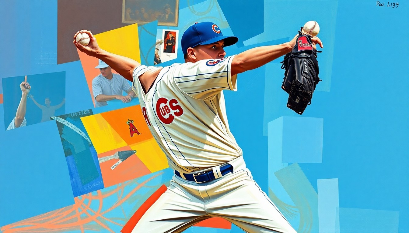A fragmented, geometric painting depicting the various motions and actions of a baseball pitcher, with the vibrant colors of the Cubs and Angels uniforms visible throughout the abstract composition.