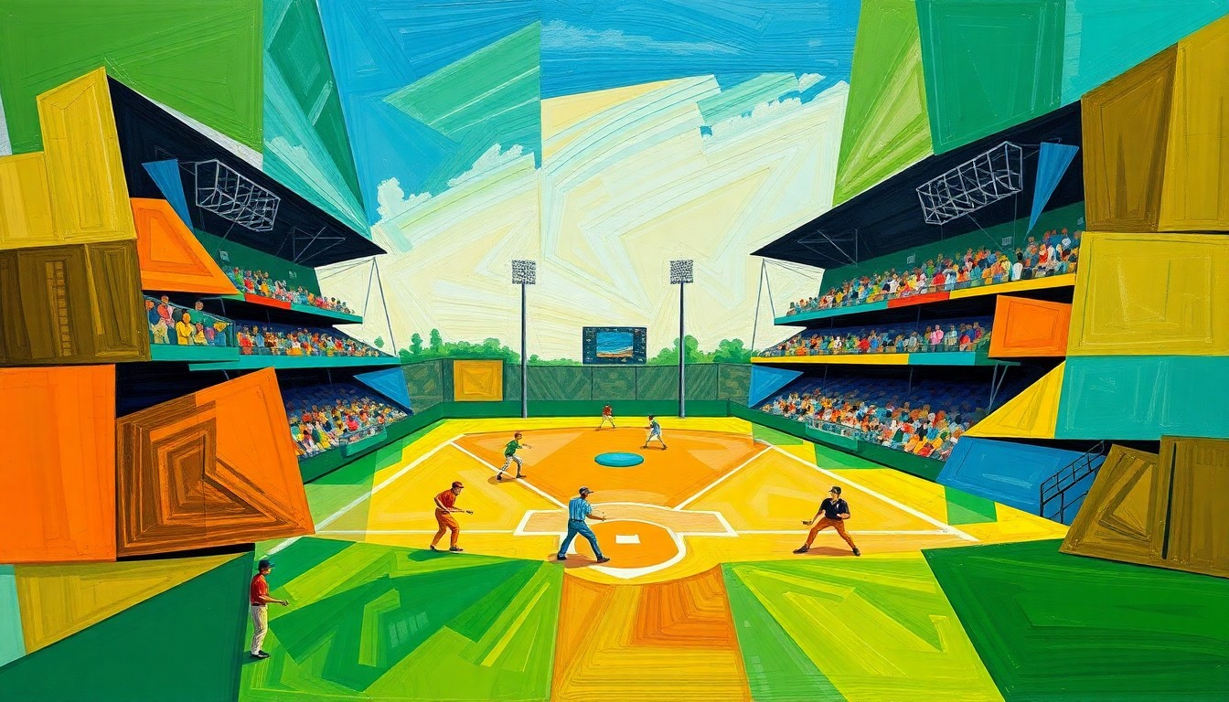 A fragmented, geometric painting depicting a softball game in motion, with sharp planes of color and overlapping perspectives capturing the dynamic energy of the sport.