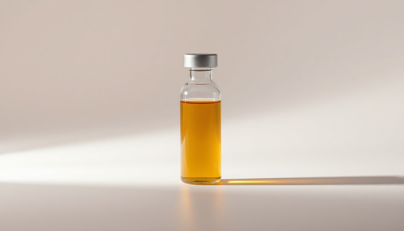 A photorealistic studio still life of a polished glass vial filled with a golden liquid, symbolizing the rare disease treatment developed by Cyprium Therapeutics. The vial is elegantly arranged on a clean, monochromatic background using dramatic lighting and shadows to convey the abstract corporate strategy behind the $205 million voucher sale.