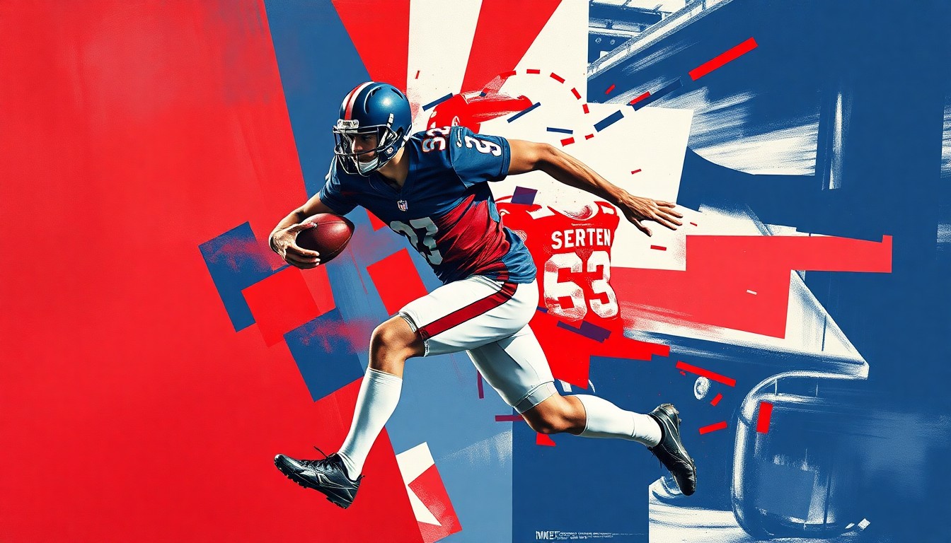 A cubist-style painting depicting a football player in mid-motion, broken down into sharp, overlapping geometric shapes in navy blue, red, and white, conceptually representing the complex negotiations and strategic considerations around a potential trade.