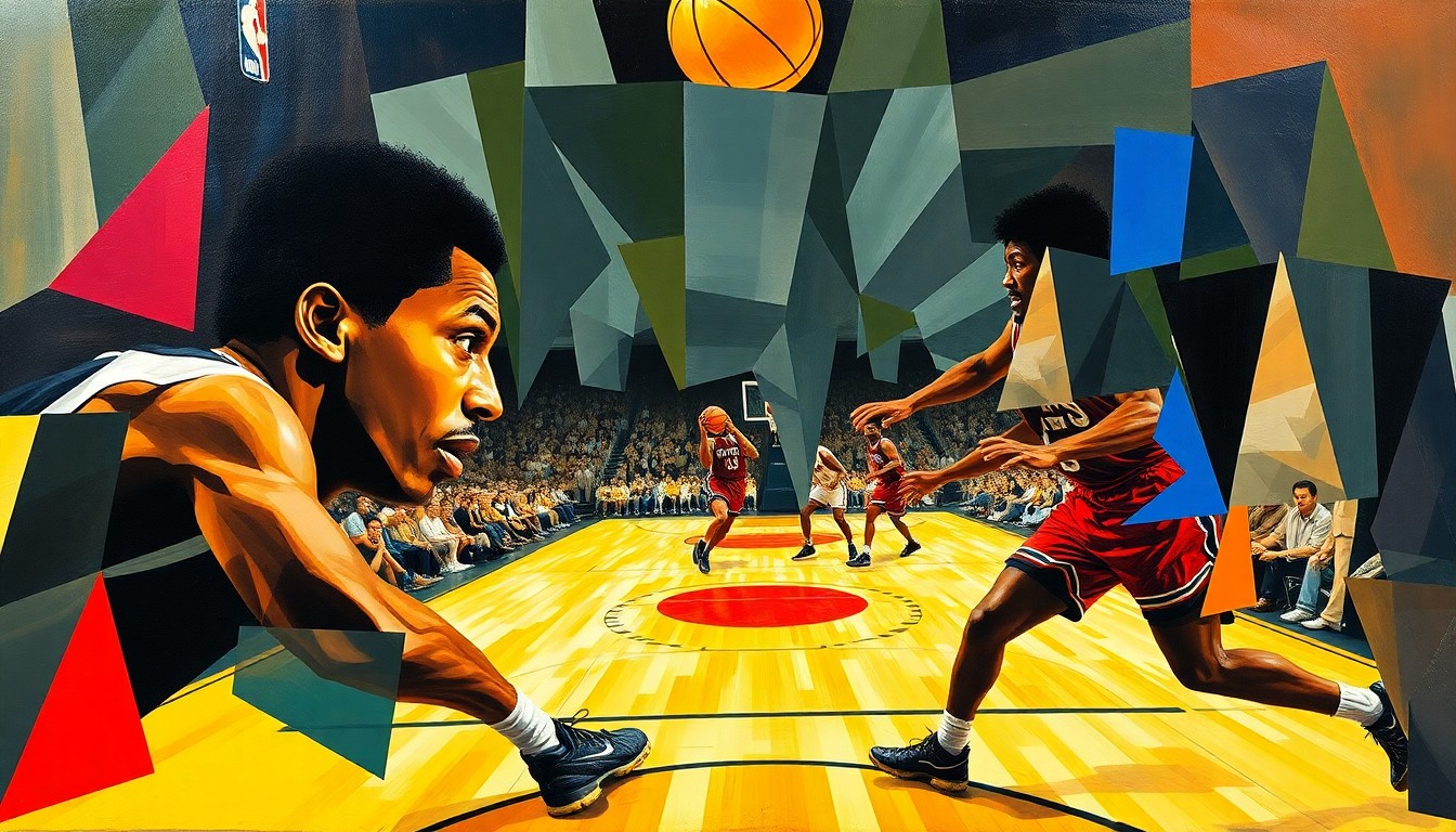 A fragmented, geometric painting depicting the dynamic competition and clash between two athletes, their faces and uniforms broken down into abstract shapes and colors, capturing the energy and movement of the sporting event.