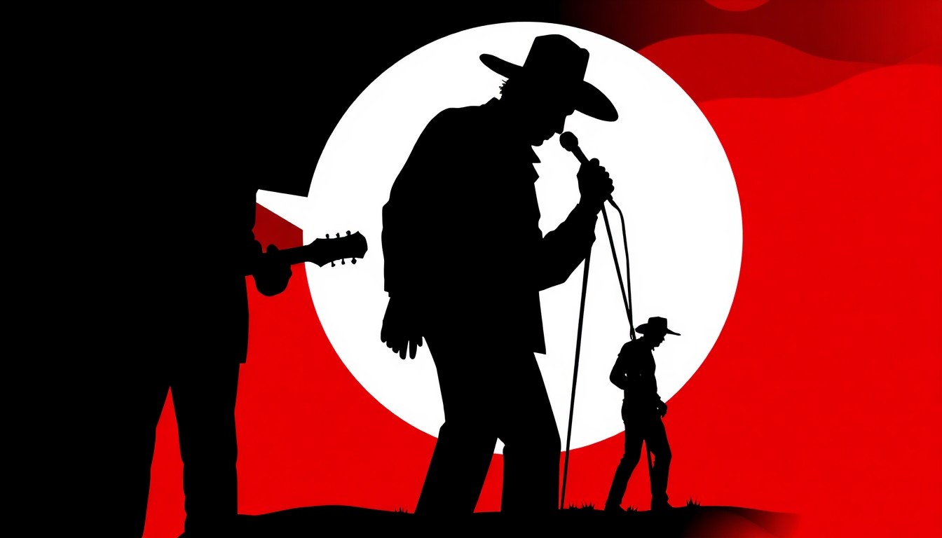 A bold, abstract illustration featuring jagged geometric shapes in high-contrast red and white, conceptually representing the intersection of country music and album cover design in the 1960s.