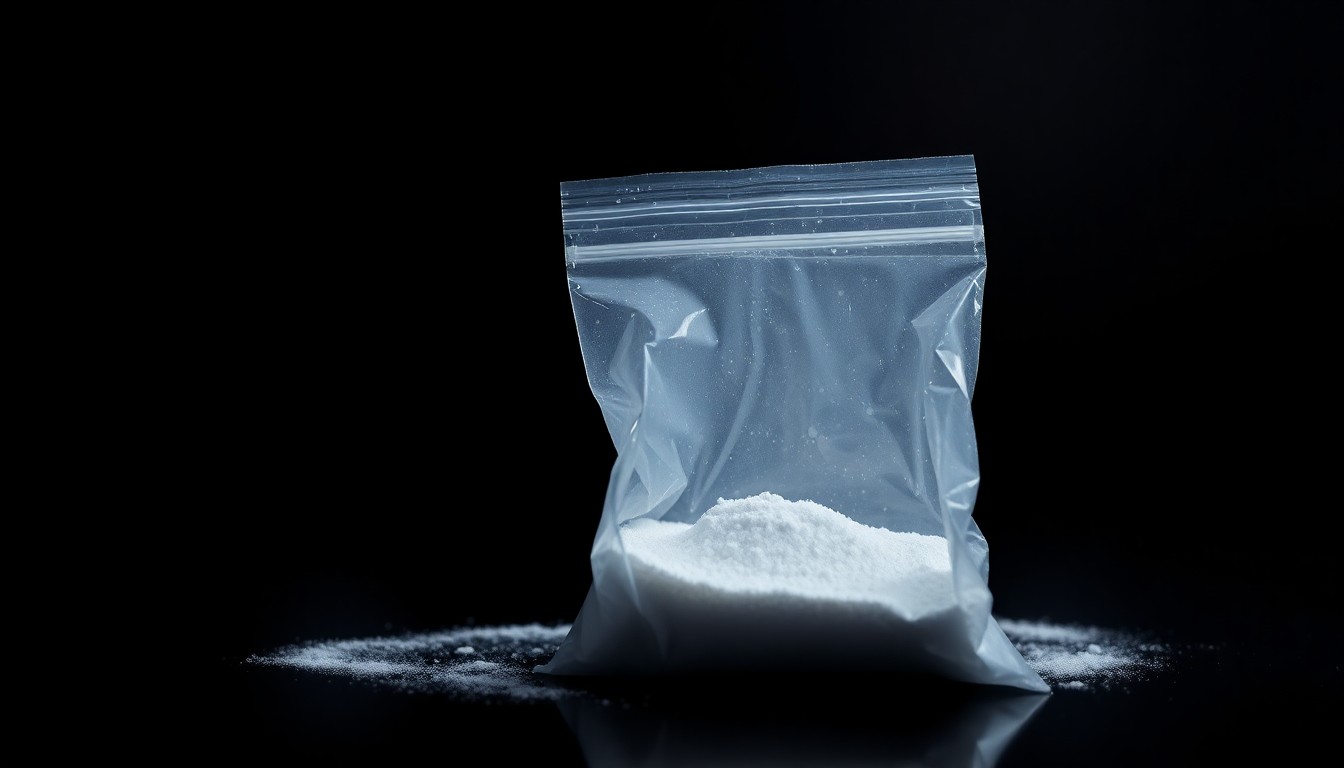 An extreme close-up photograph of a small plastic bag containing white powder, lit by a harsh, direct camera flash against a pitch-black background, conceptually illustrating the contraband seized from a correction officer.