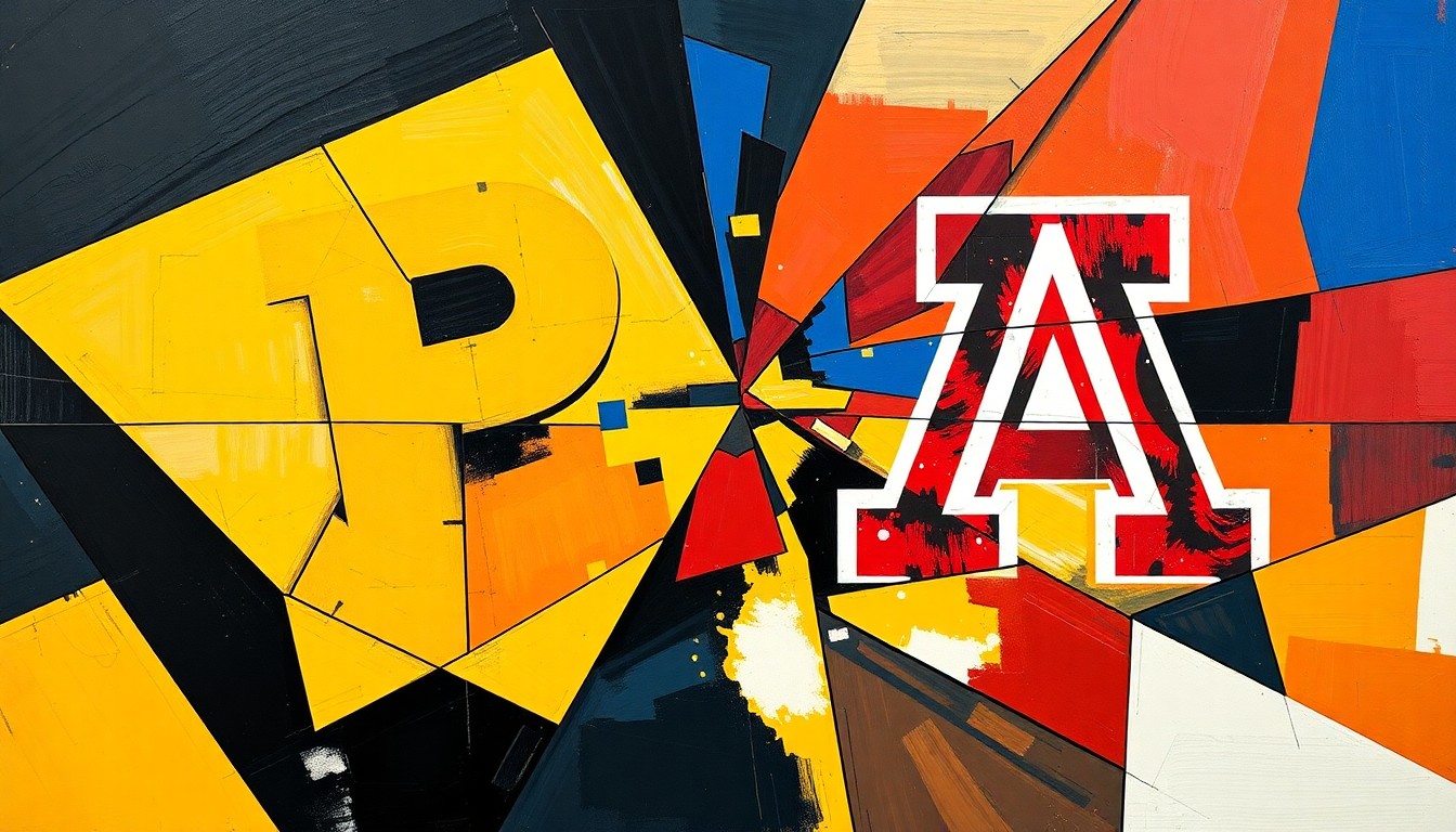 A dynamic, abstract painting featuring sharp, overlapping geometric shapes and planes in the colors of Purdue (gold and black) and Arizona (red and blue), conveying the energy and intensity of their Elite Eight matchup.