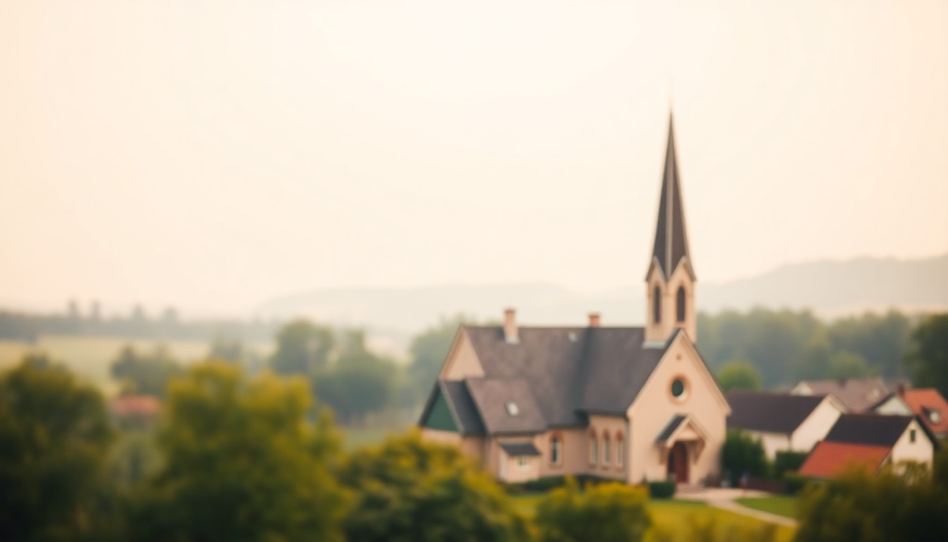 An impressionistic, out-of-focus photograph in soft, warm tones depicting the silhouette of a small town church steeple surrounded by blurred greenery, conceptually representing the quiet, reflective mood of a community mourning the loss of a longtime resident.