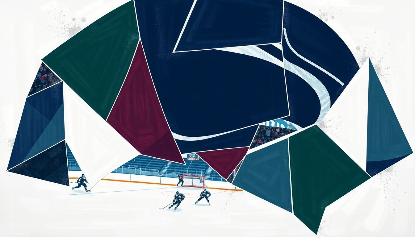 A cubist, geometric painting depicting a fragmented hockey game scene, with sharp planes of navy, green, and red colors representing the raw emotion and disappointment of the Penn State players following their early tournament exit.