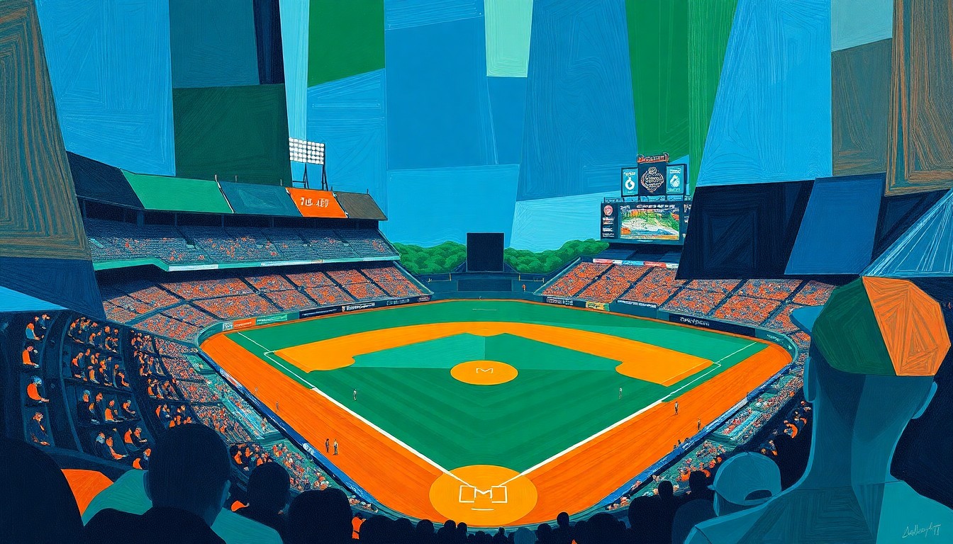 A cubist-style painting depicting a college baseball game, with the players and field broken down into sharp, overlapping geometric shapes in shades of navy, green, and orange, capturing the dynamic energy and intensity of the sport.