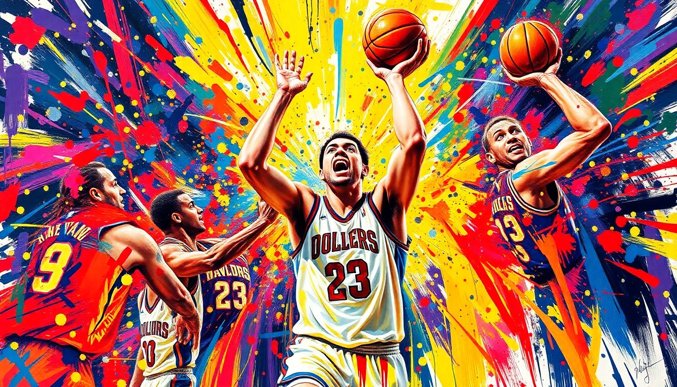 An abstract expressionist painting in neon colors, with rapid brushstrokes capturing the raw energy and excitement of a college basketball game, players' faces and jerseys dissolving into unrecognizable splatters of paint.