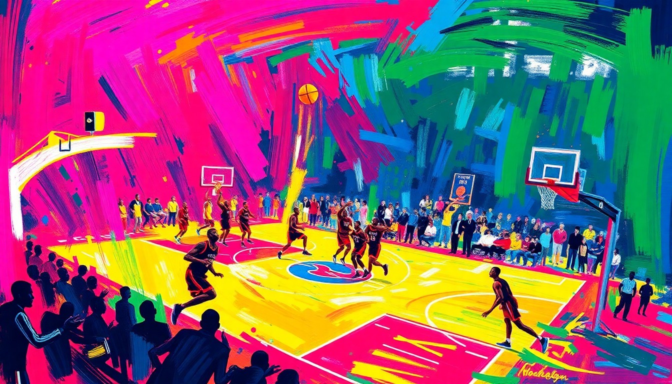 An abstract painting with bold, neon-colored brushstrokes that convey the fast-paced, high-energy atmosphere of a professional basketball game.