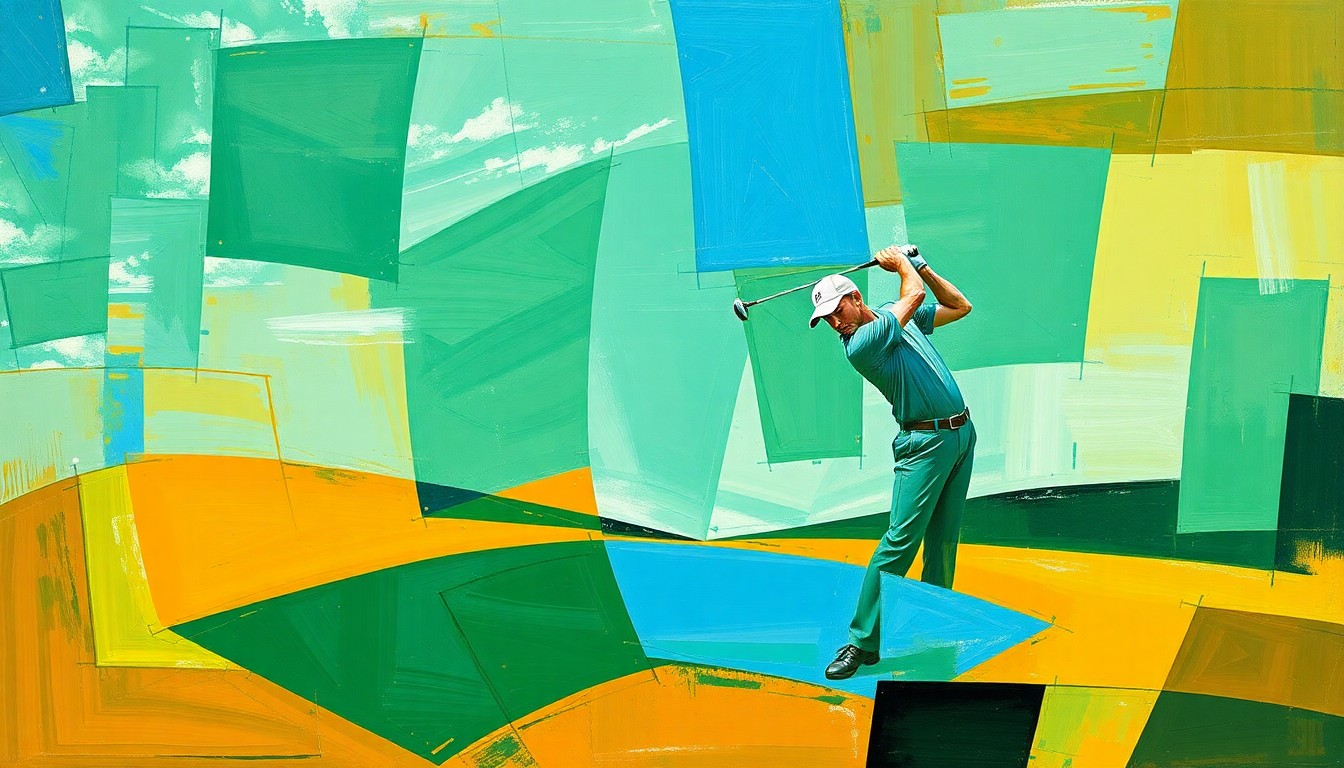 A fractured, multi-perspective painting depicting a golfer's swing broken down into sharp, overlapping geometric planes in a palette of emerald green, sky blue, and warm ochre, conveying the dynamic energy of the sport.
