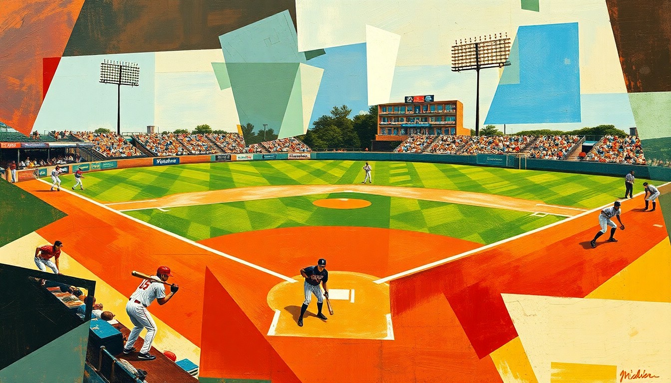 A cubist-style painting depicting a baseball game broken down into sharp, overlapping geometric shapes and planes of color, with no recognizable figures or details.