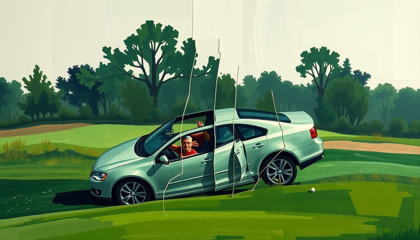 A fractured, geometric painting depicting a golf course scene with Tiger Woods' car in a rollover crash, using sharp, overlapping planes in muted earth tones to convey the chaotic nature of the incident.