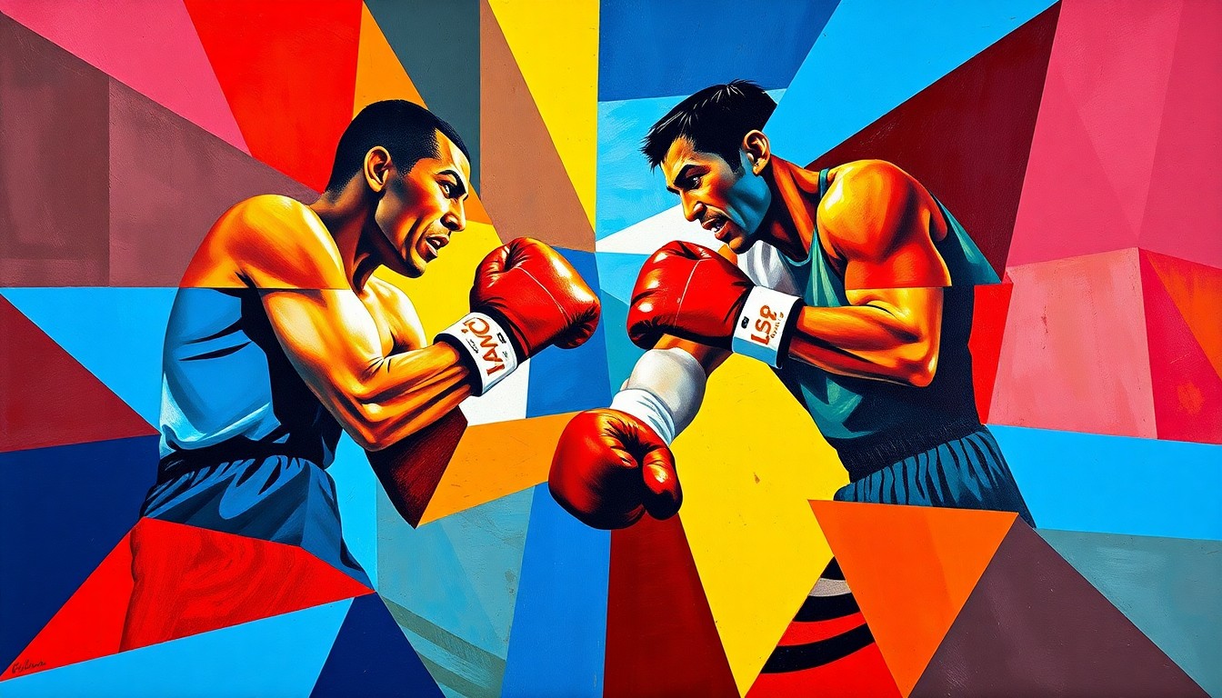 A cubist, geometric painting depicting the action and movement of a boxing match, with the fighters' forms broken down into sharp, overlapping planes of color.
