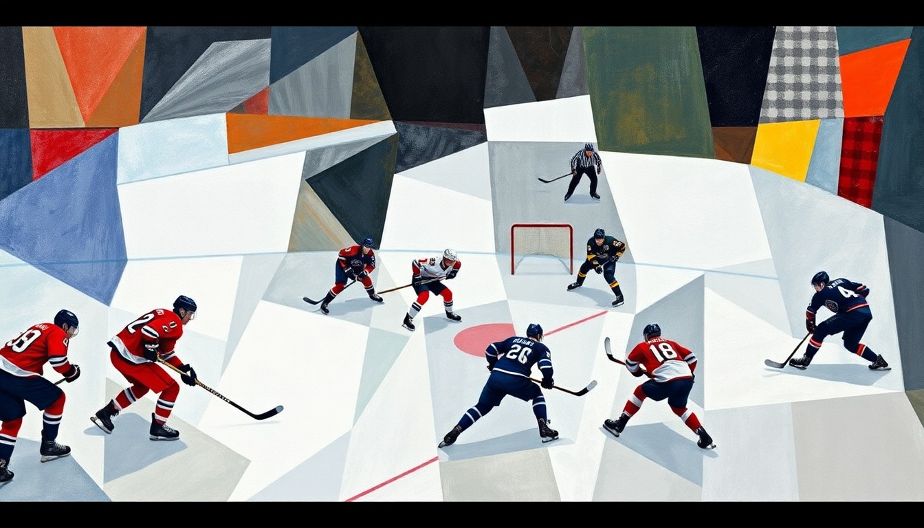 A fractured, multi-perspective painting in vibrant colors that breaks down a hockey game into sharp, overlapping geometric planes, with players and action reduced to abstract shapes without any identifiable elements.
