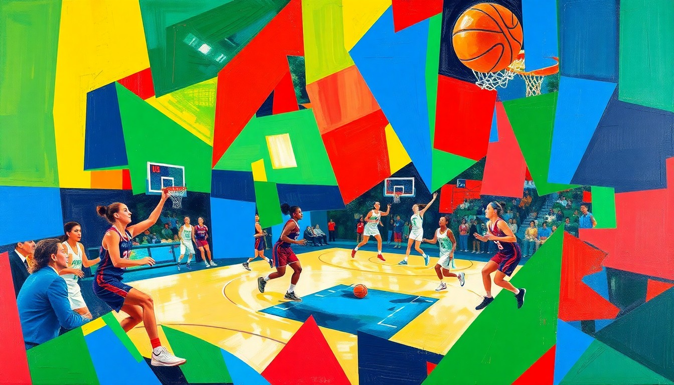 A fragmented, cubist-style painting depicting the dynamic action of a women's basketball game, with sharp geometric shapes and planes in vibrant colors like blue, red, and green creating a sense of movement and energy.