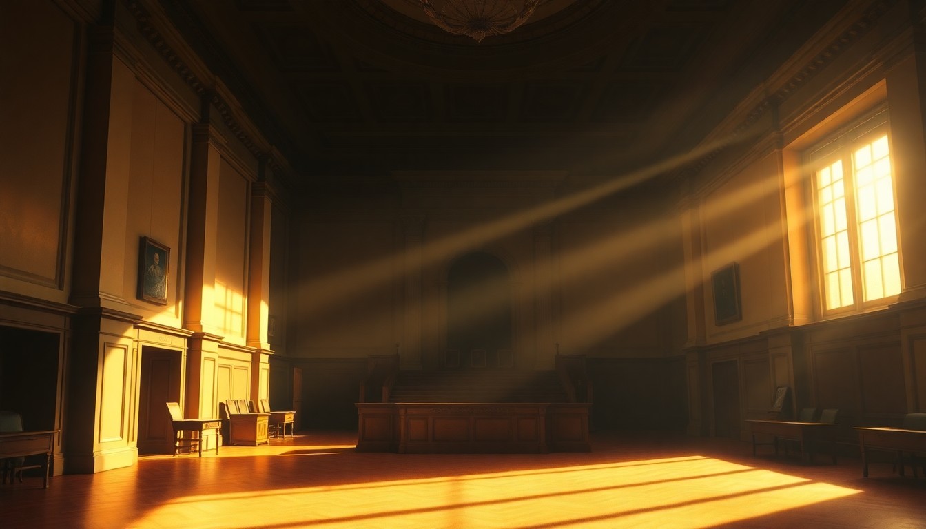 A dimly lit, cinematic painting of an empty government office or legislative chamber, with warm sunlight streaming in through the windows and deep shadows cast across the desks and chairs, creating a sense of solitude and contemplation.