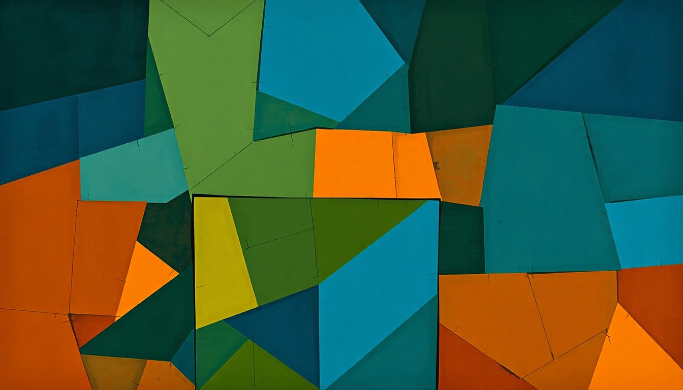 A fractured, abstract painting depicting a voting booth or ballot box in overlapping geometric shapes and waves of deep blue, olive green, and burnt orange tones, conveying the complex and contested nature of election policies.