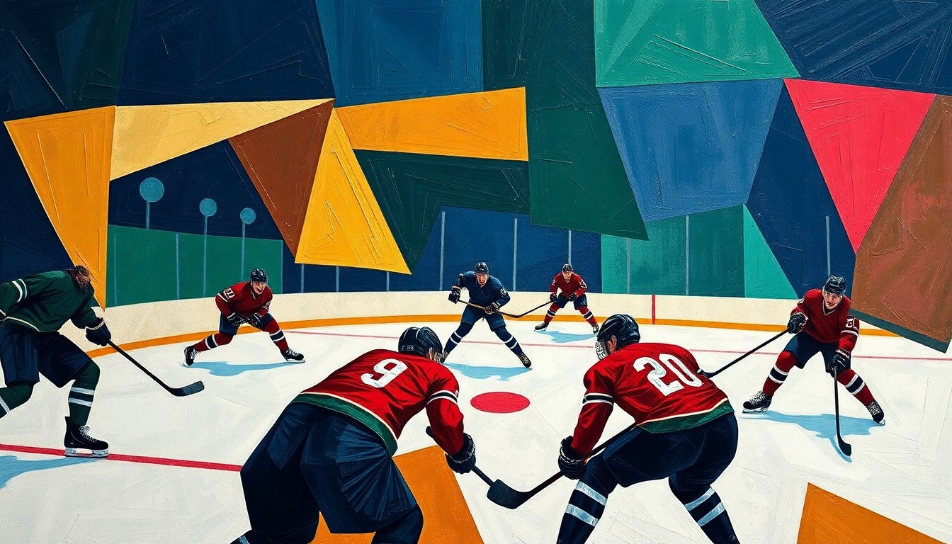 A fragmented, geometric painting depicting the action of a hockey game, with the players' forms broken down into sharp, overlapping shapes in a palette of navy, green, and red.