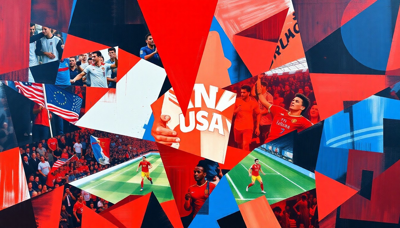 A fragmented, geometric painting in shades of red, white, and blue, depicting the dynamic movements and competing forces of a high-intensity soccer match between national teams.