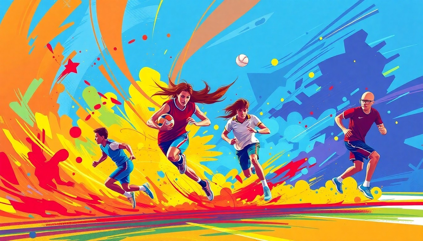 An abstract, colorful illustration with dynamic brushstrokes and shapes, conveying the excitement and athleticism of high school sports.