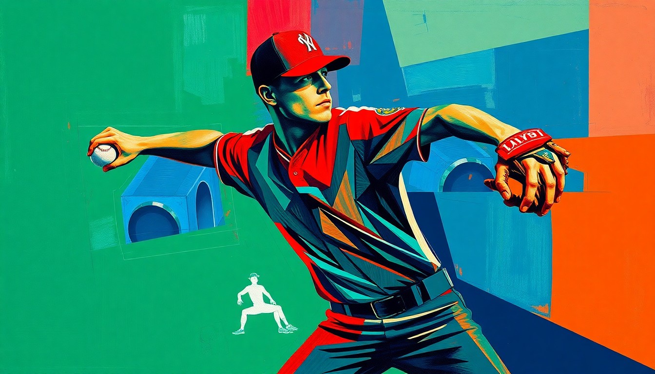 A fractured, multi-perspective painting depicting a baseball pitcher's windup and delivery, broken down into sharp, overlapping geometric shapes in a vibrant color palette, capturing the dynamic and unpredictable nature of the sport.