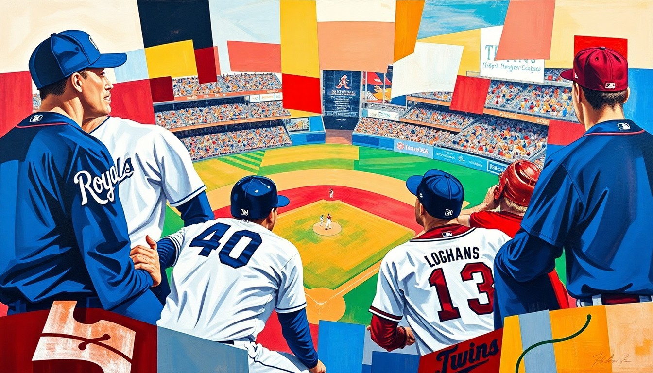 A cubist, geometric painting depicting a baseball game, with overlapping planes of color representing the players, field, and stadium. The vibrant colors of the Royals and Twins uniforms are the focal point, capturing the energy and movement of the sport.