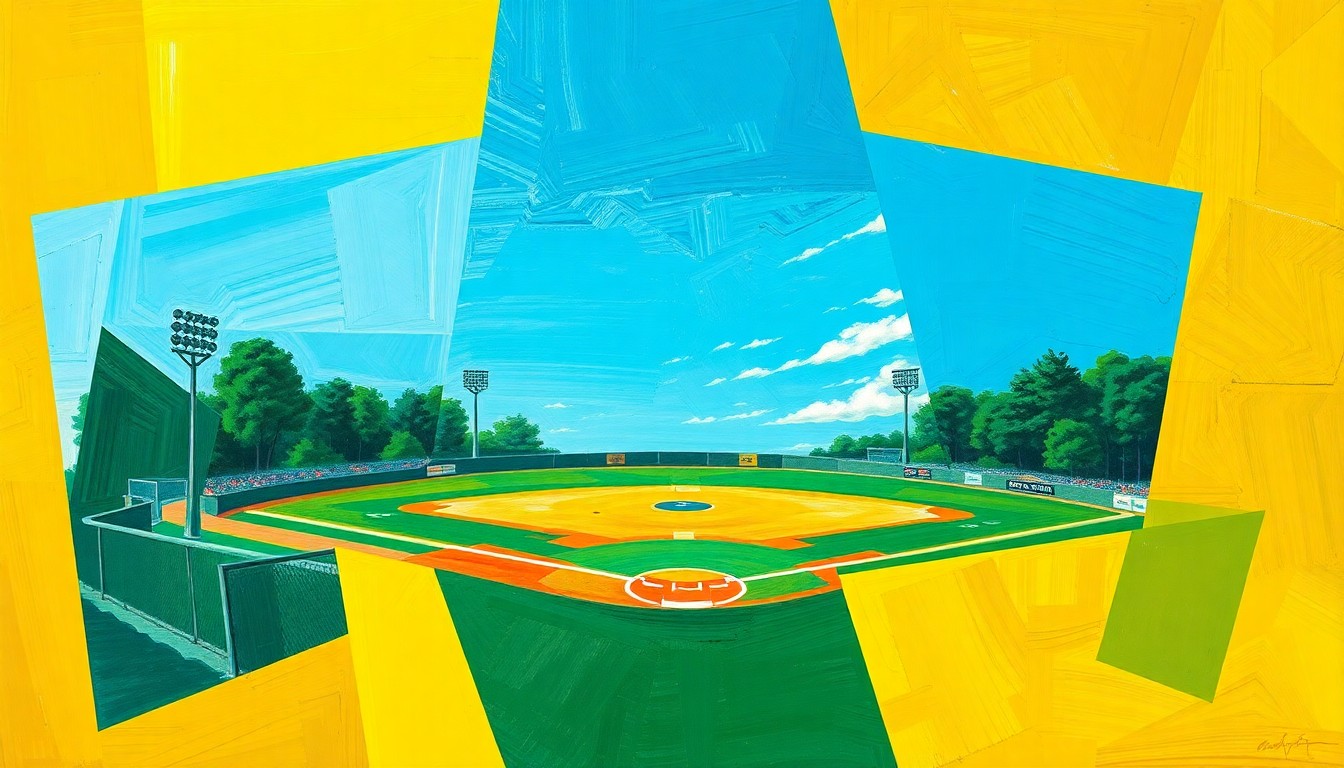 A vibrant, abstract painting featuring overlapping geometric shapes and planes of color, representing the dynamic action and energy of a high-stakes softball game.