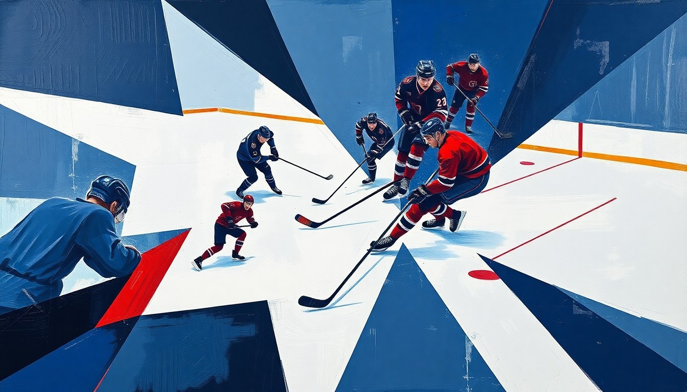 A fractured, multi-perspective painting depicting a hockey game broken down into sharp, overlapping geometric planes in navy blue, crimson red, and metallic silver, capturing the dynamic movements of the players and the puck's trajectory.