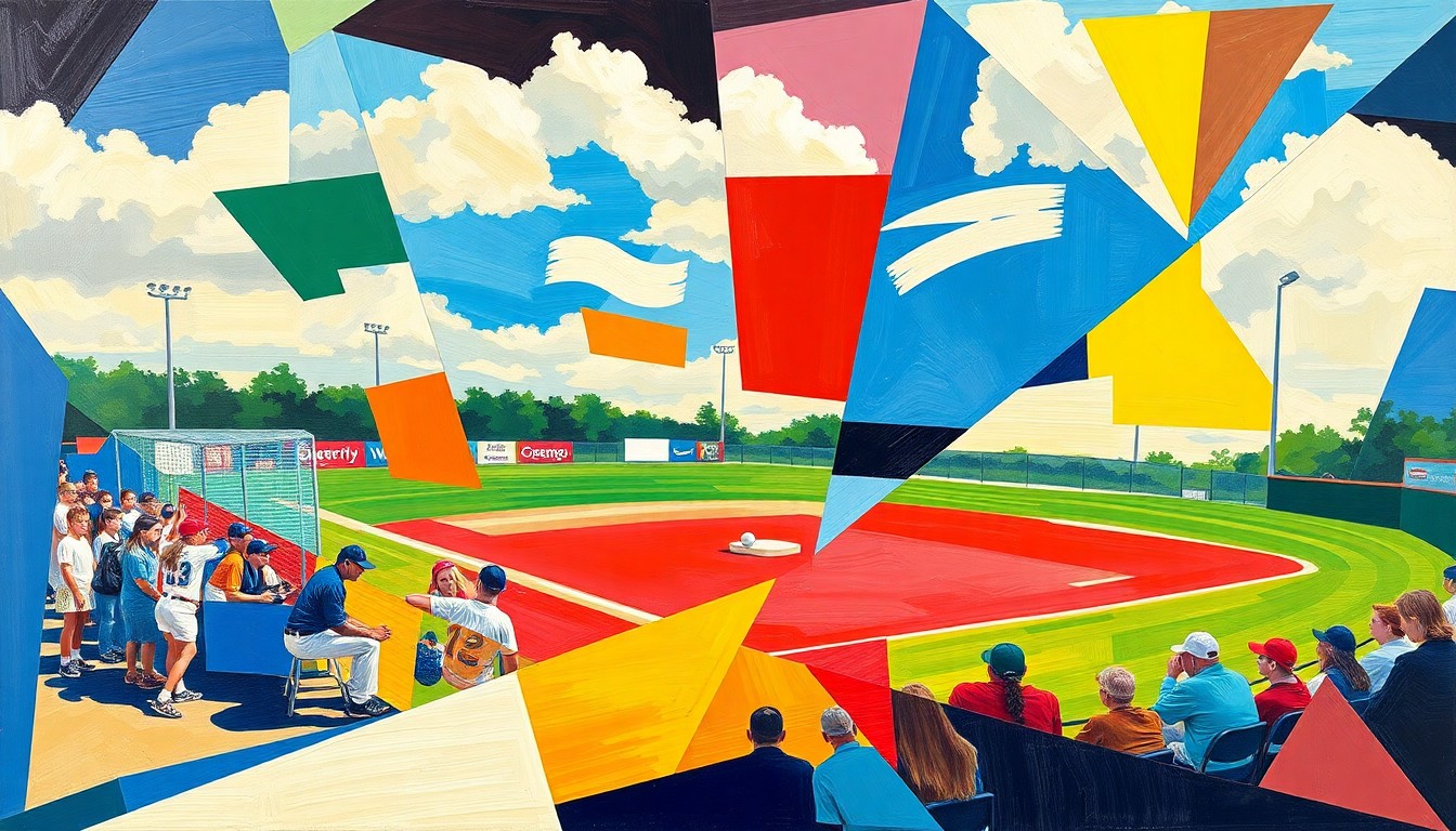 A cubist, fragmented painting depicting a high school softball game, with the players and field broken down into sharp, overlapping geometric shapes and planes in the team colors of the two schools.