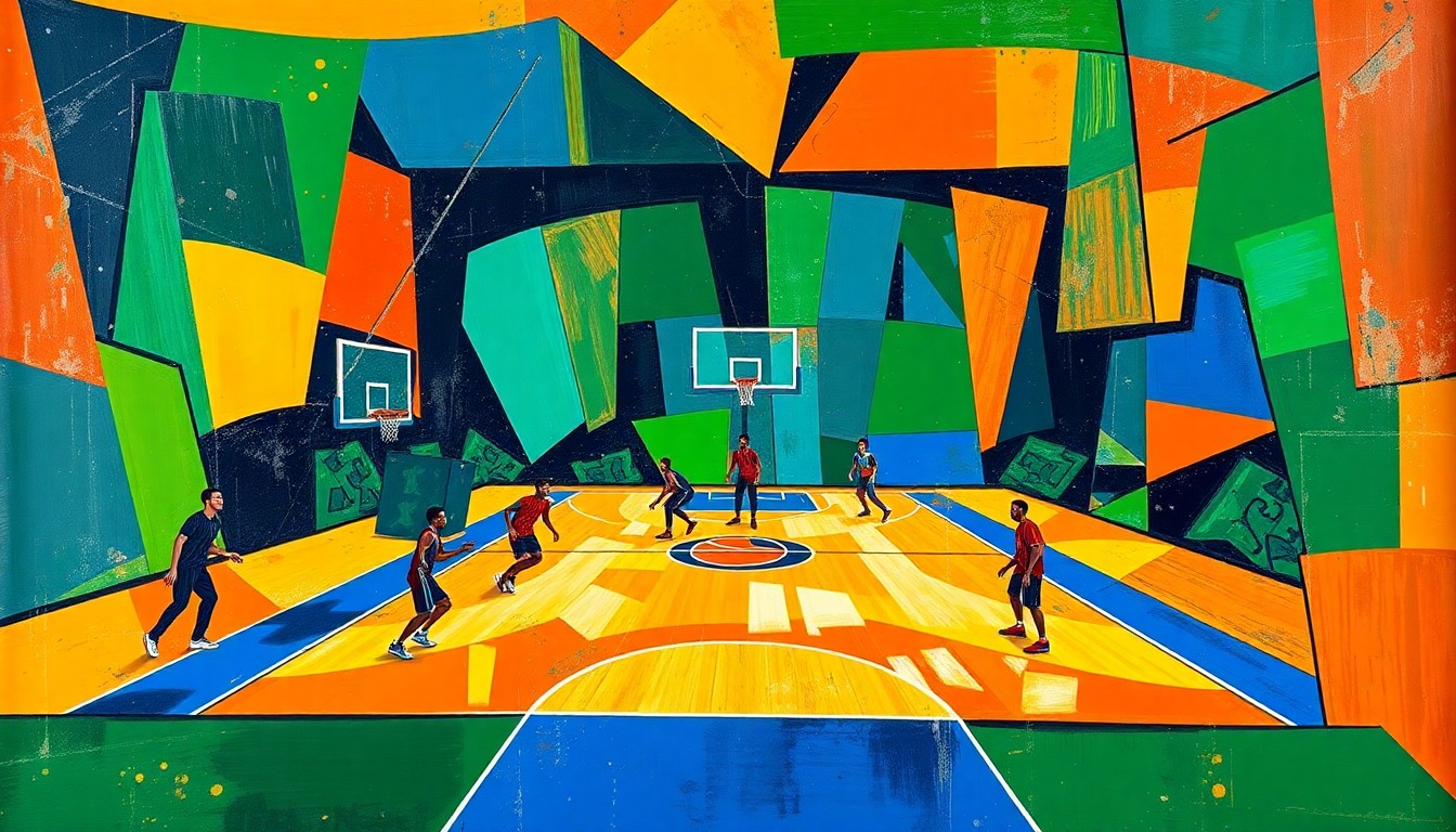 An abstract, cubist-style illustration depicting a basketball game broken down into overlapping geometric shapes and planes of vibrant green, orange, and blue, capturing the energy and movement of the players on the court.