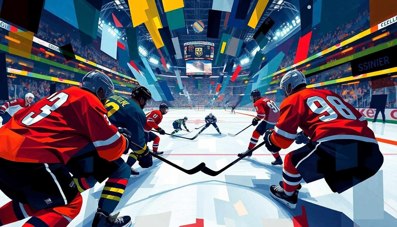A fractured, cubist-style painting depicting the dynamic hockey action between the Golden Knights and Canucks, with sharp geometric shapes and planes of color representing the players, ice, and arena environment.