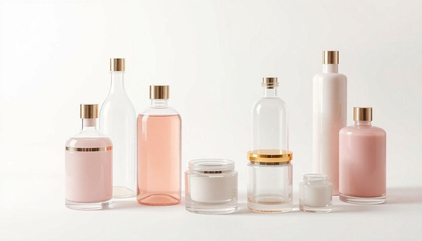 A high-end, photorealistic studio still-life photograph featuring a collection of elegant, polished glass bottles and jars in soft pastel colors, arranged on a clean white seamless background with dramatic lighting and deep shadows, conceptually representing the luxury and sophistication of Frolana Natural's new skincare line.
