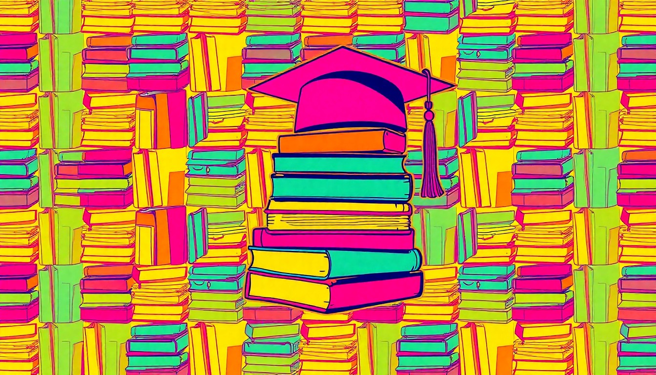 A brightly colored, high-contrast silkscreen print of a stack of textbooks, notebooks, and a graduation cap repeated in a tight grid pattern, capturing the academic achievement and community spirit of the National Honor Society inductees.