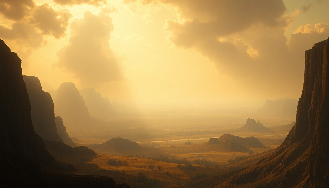 A vast, atmospheric landscape painting in muted tones of gold, orange, and blue, with a hazy horizon line and a sense of scale that dwarfs any physical structures or objects within the scene.