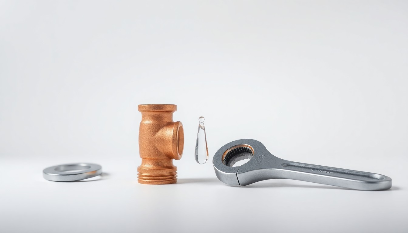 A photorealistic studio still life featuring a polished copper pipe fitting, a wrench, and a water droplet on a clean, monochromatic background, symbolizing the quality and precision of MT Dunn Plumbing's services.