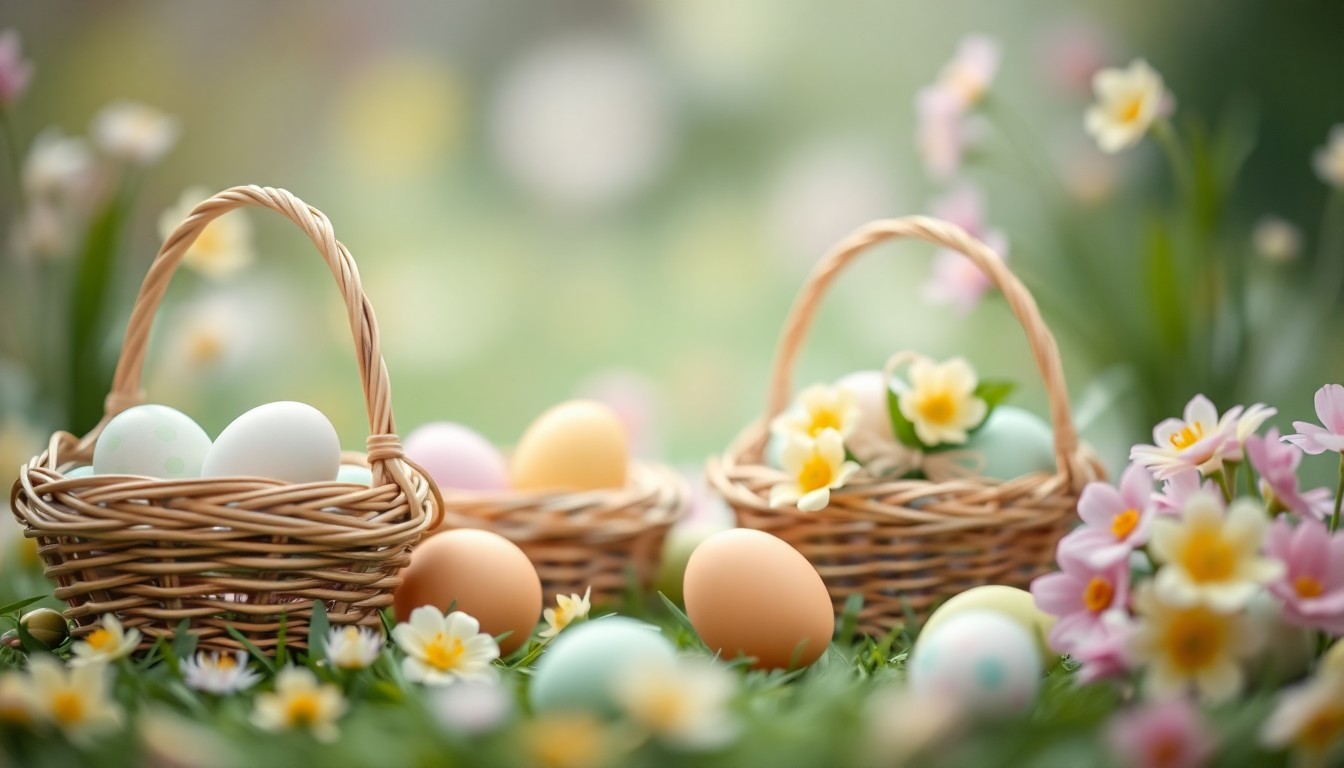An abstract, impressionistic photograph depicting the soft, blurred outlines of Easter baskets, pastel-colored eggs, and spring flowers, conveying a sense of warmth, joy, and the coming of a new season.