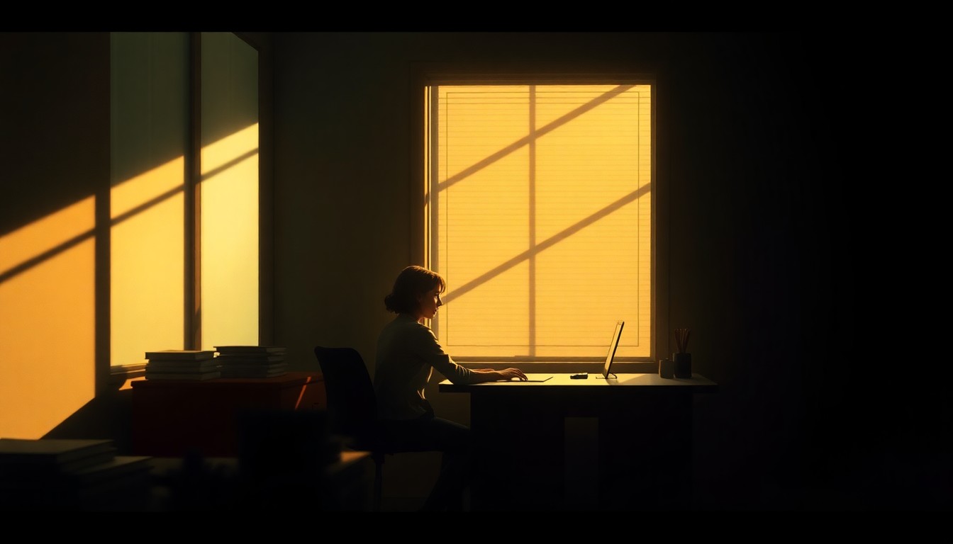 A solitary woman sits at a desk in a dimly lit office, the scene bathed in warm, cinematic lighting that casts deep shadows, capturing the nuanced nature of pay equity efforts in New York.