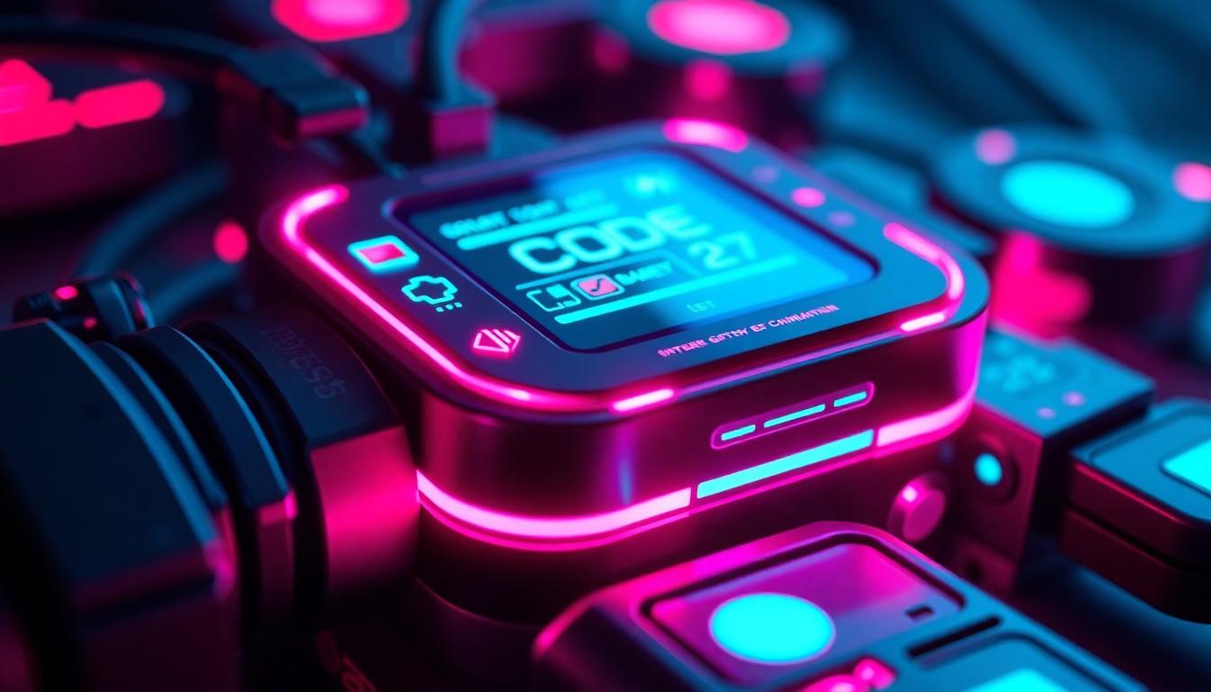 A glowing, futuristic 3D illustration of a CODE27 interactive character companion device, featuring recognizable tech components like sensors and speakers illuminated by vibrant neon lights, conceptually representing the company's vision of blending digital characters with tangible hardware.