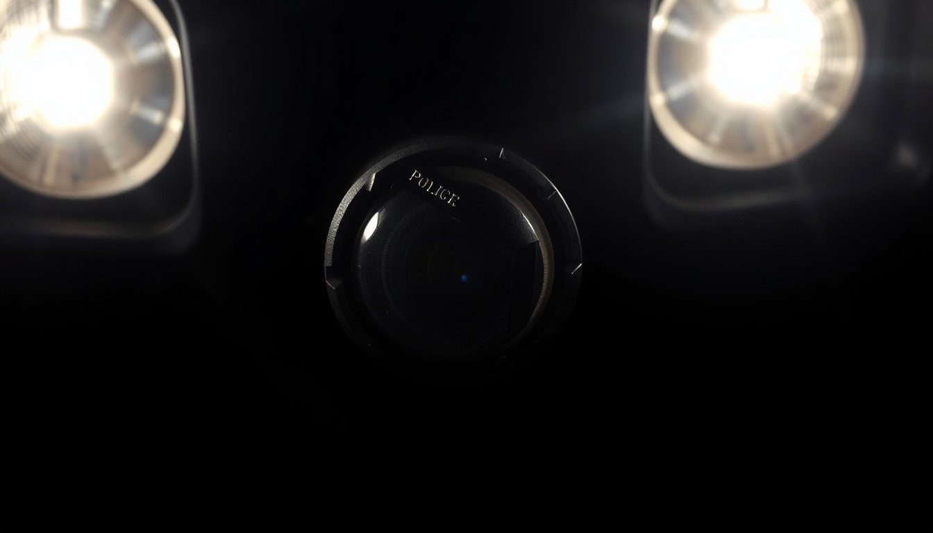 An extreme close-up photograph of a damaged police car sensor or light fixture, lit by a harsh, direct camera flash against a pitch-black background, conceptually illustrating the gritty aftermath of a high-speed collision involving a law enforcement vehicle.