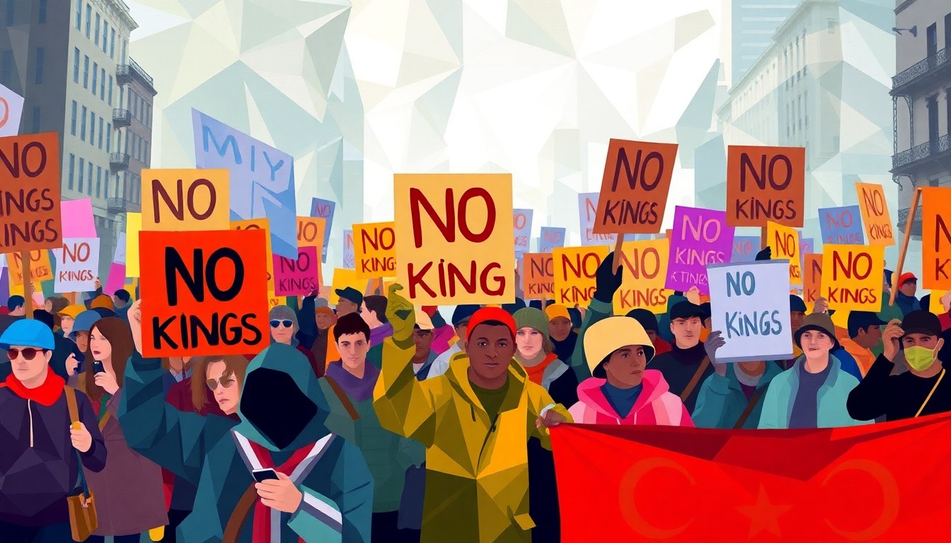 A dynamic, abstract painting depicting a crowd of protesters marching with signs, the image conveying the energy and urgency of the 'No Kings' movement.