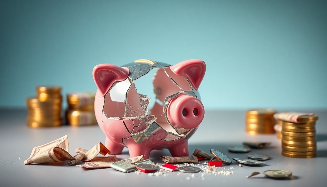 A photorealistic studio still-life image of a shattered glass and metal piggy bank, conceptually representing the financial losses suffered by Trip.com investors due to the company's alleged monopolistic practices.