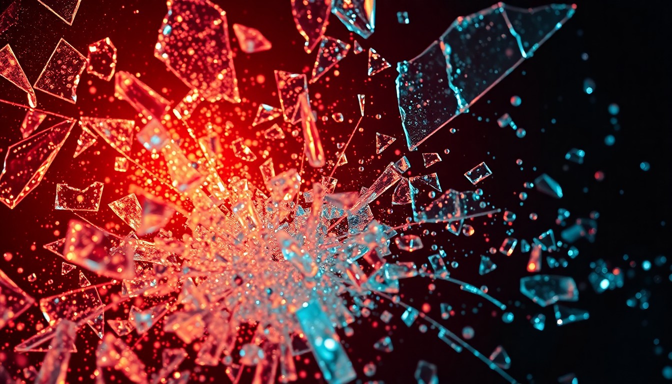 An extreme close-up of shattered glass and glittering shards in dramatic high-contrast studio lighting, conceptually representing the gritty, high-stakes world of 1980s Miami crime.