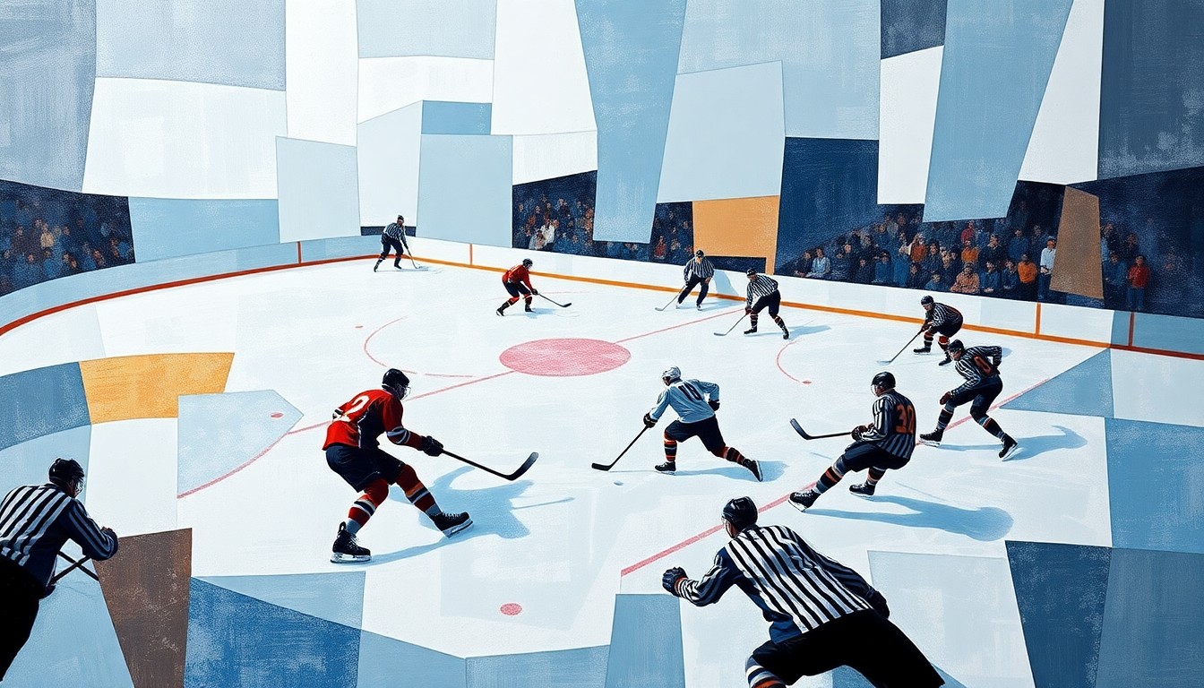 A cubist, geometric painting depicting a hockey game in motion, with fragmented shapes and planes representing the players, puck, and ice surface.