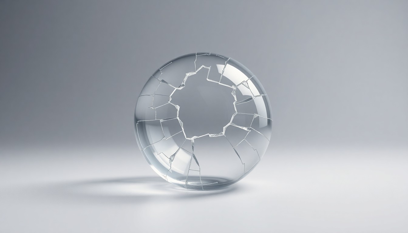 A photorealistic studio still-life image featuring a cracked and shattered glass sphere or lens, symbolizing the fragility and risk of investing in a newly public technology company.