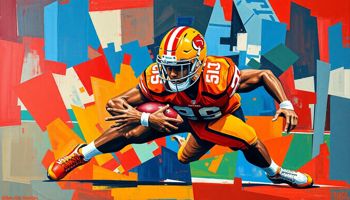A fractured, cubist-style painting depicting an edge rusher in motion, with sharp geometric shapes and bold colors conveying the explosive energy of the player's movements.