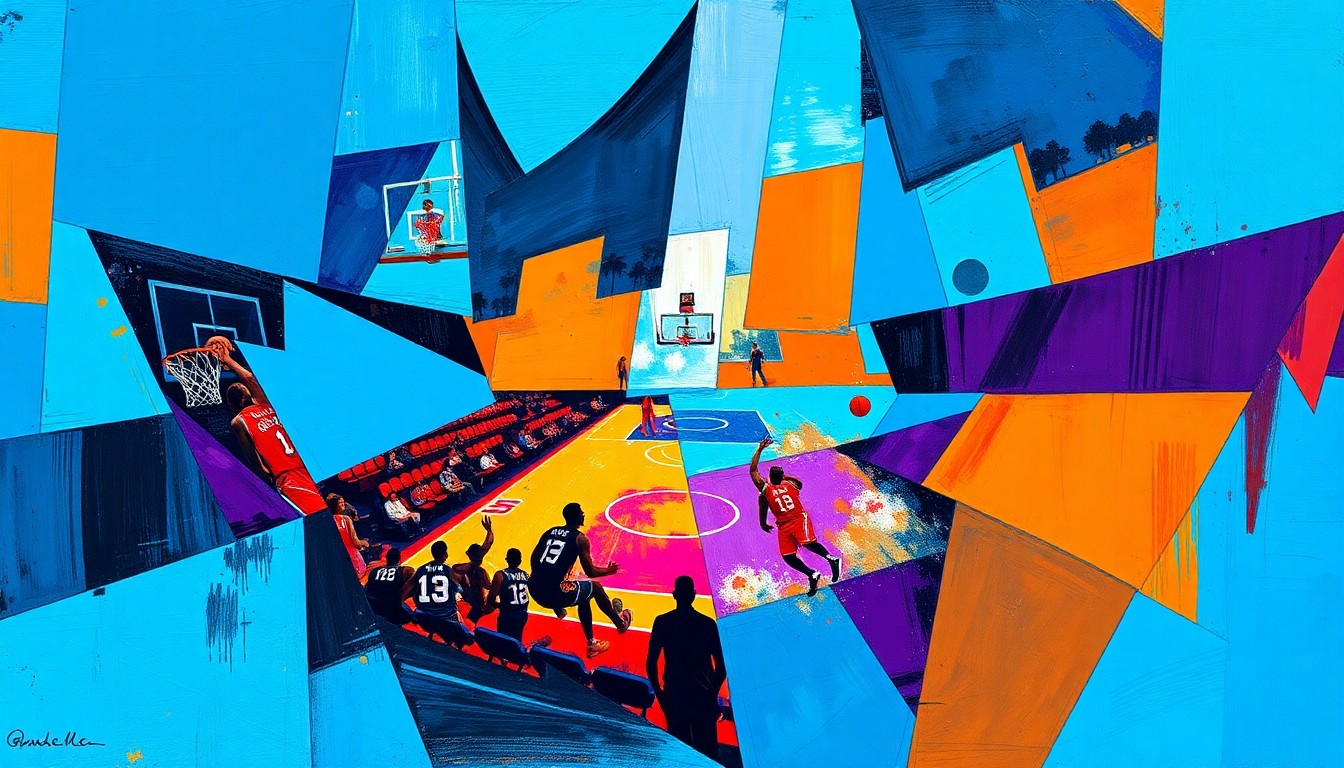 A fractured, multi-perspective painting in bold, vibrant colors depicting the action and energy of a basketball game, with players and the court broken down into sharp, overlapping geometric shapes and planes.