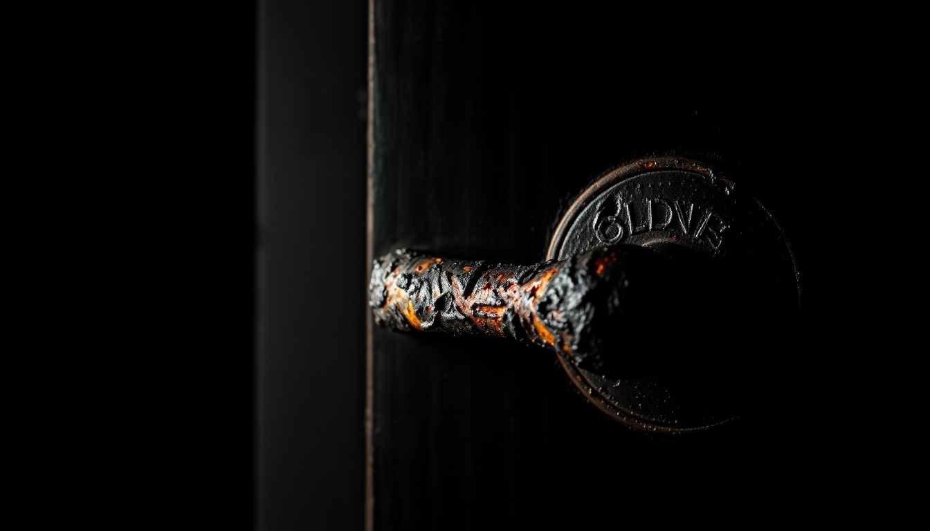 An extreme close-up of a charred and melted metal door handle, the harsh flash creating a dramatic, gritty aesthetic that conveys the intensity of the fire incident.