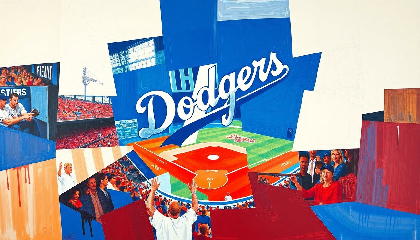 A cubist, geometric painting depicting a fragmented baseball game, with sharp planes of Dodger blue, white, and red representing the team's dynamic play on the field.