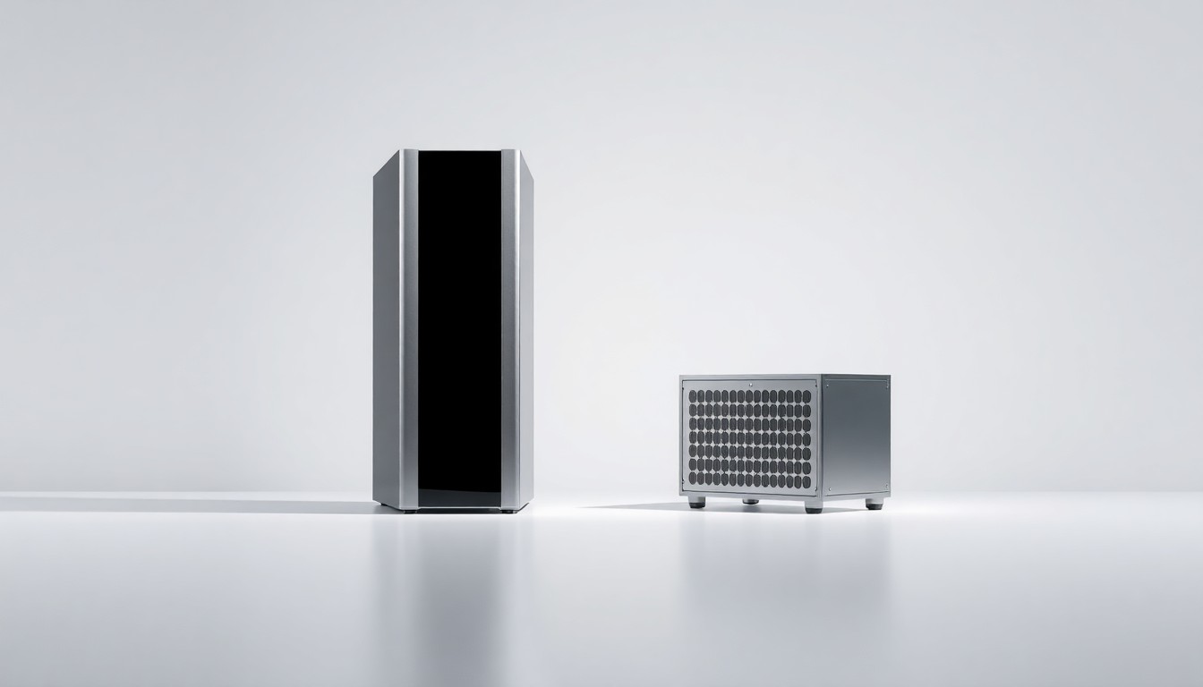 A photorealistic studio still life featuring a sleek, metallic data server tower and cooling unit on a clean, monochromatic background, symbolizing the abstract concepts of digital infrastructure and technological progress.